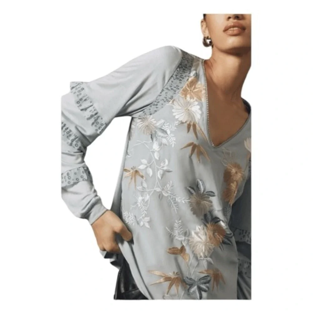 Tiny Anthropologie Frances Blouse Blue Floral Embroidered Long Sleeve Ruffled XX